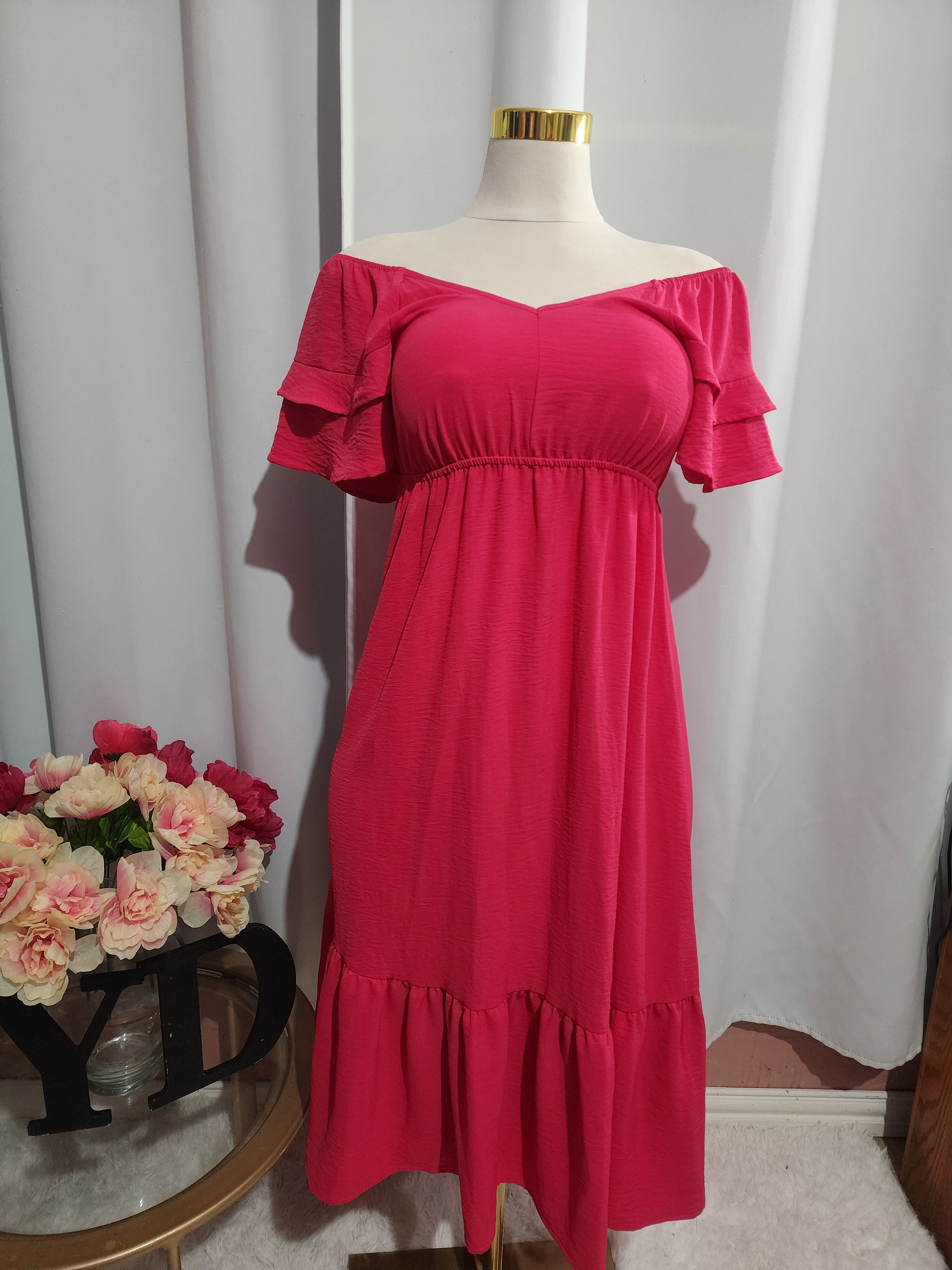 Fucshia V-Neck Midi Dress