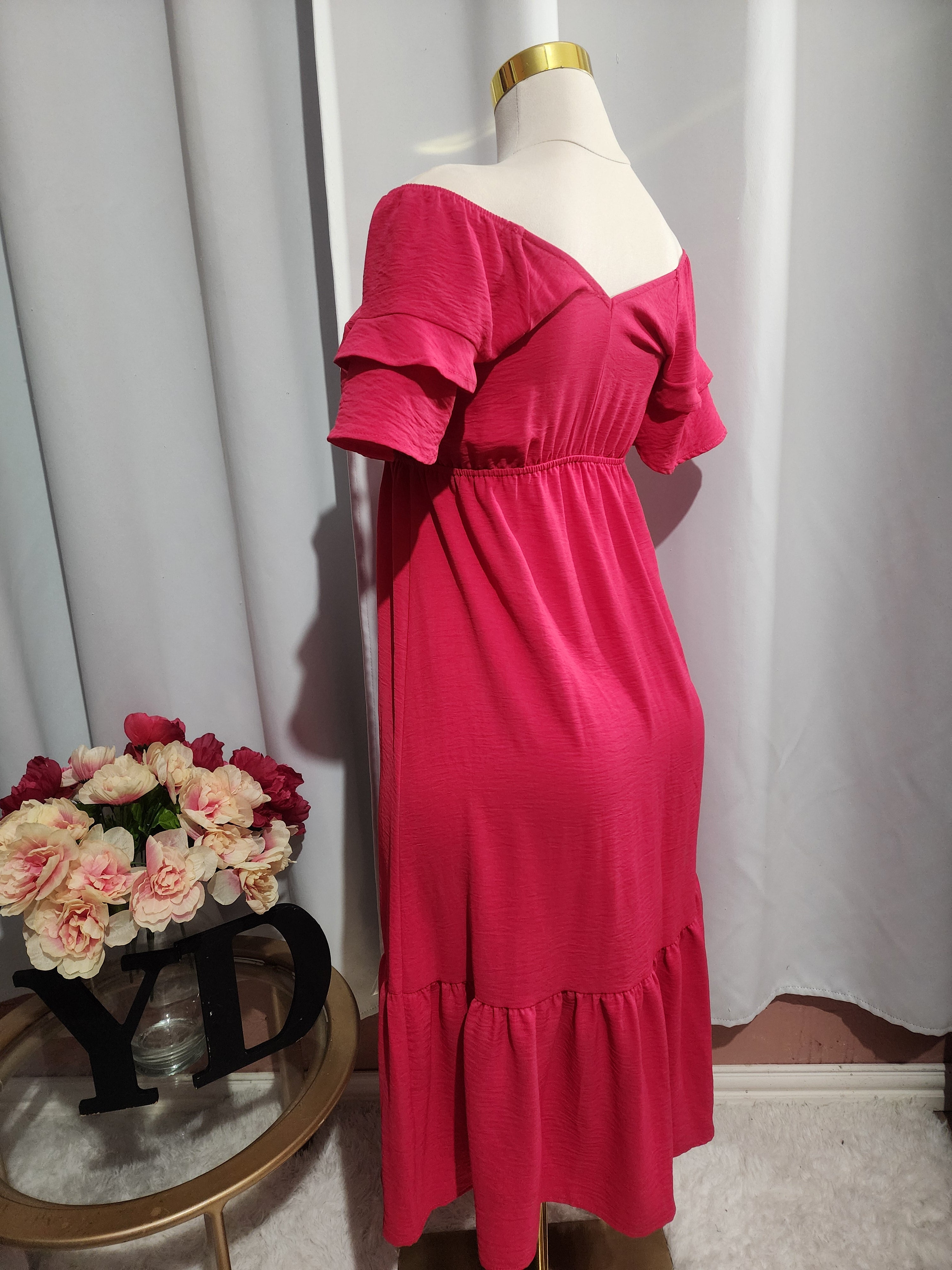 Fucshia V-Neck Midi Dress