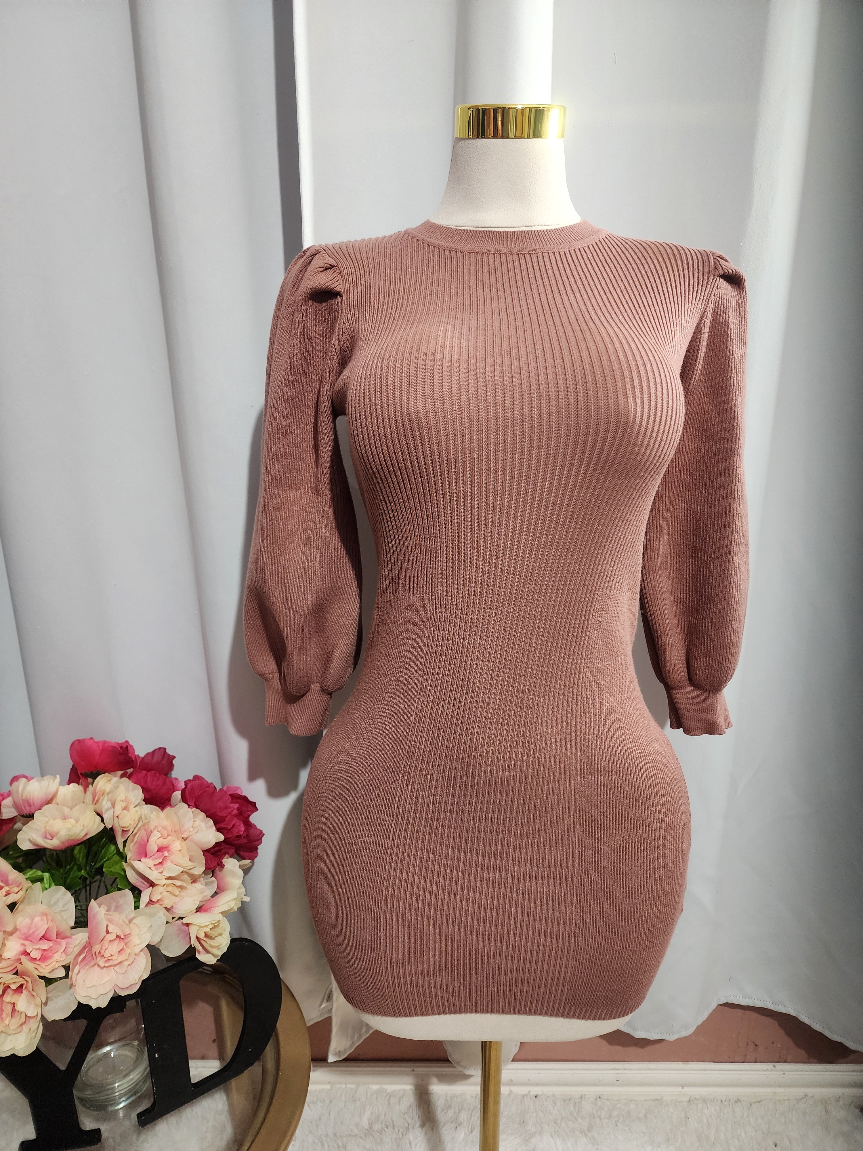 Mauve Sweater Puff Sleeve Knit Mini Dress