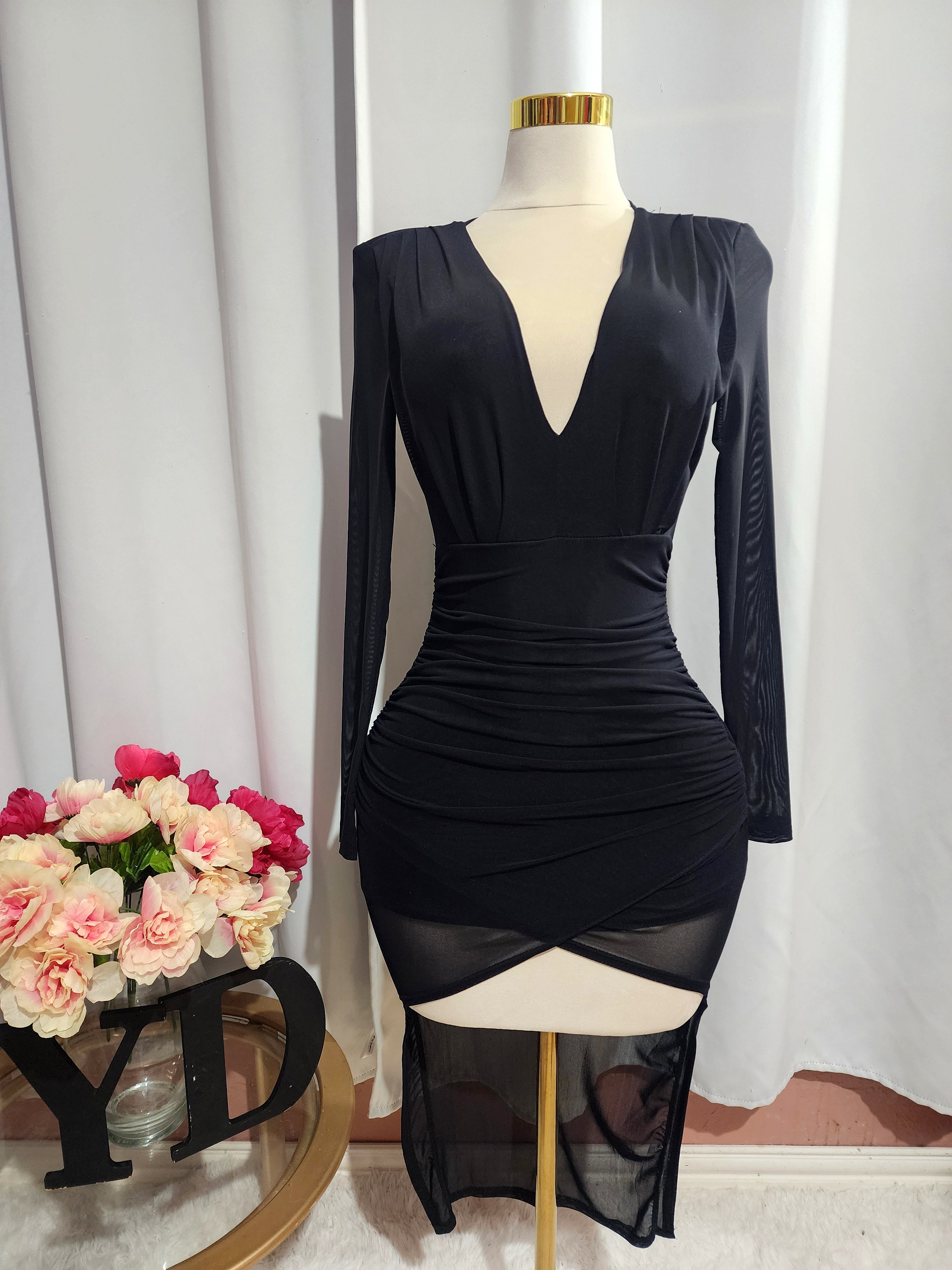 Black V-Neck Ruched Mesh Long Sleeve Dress