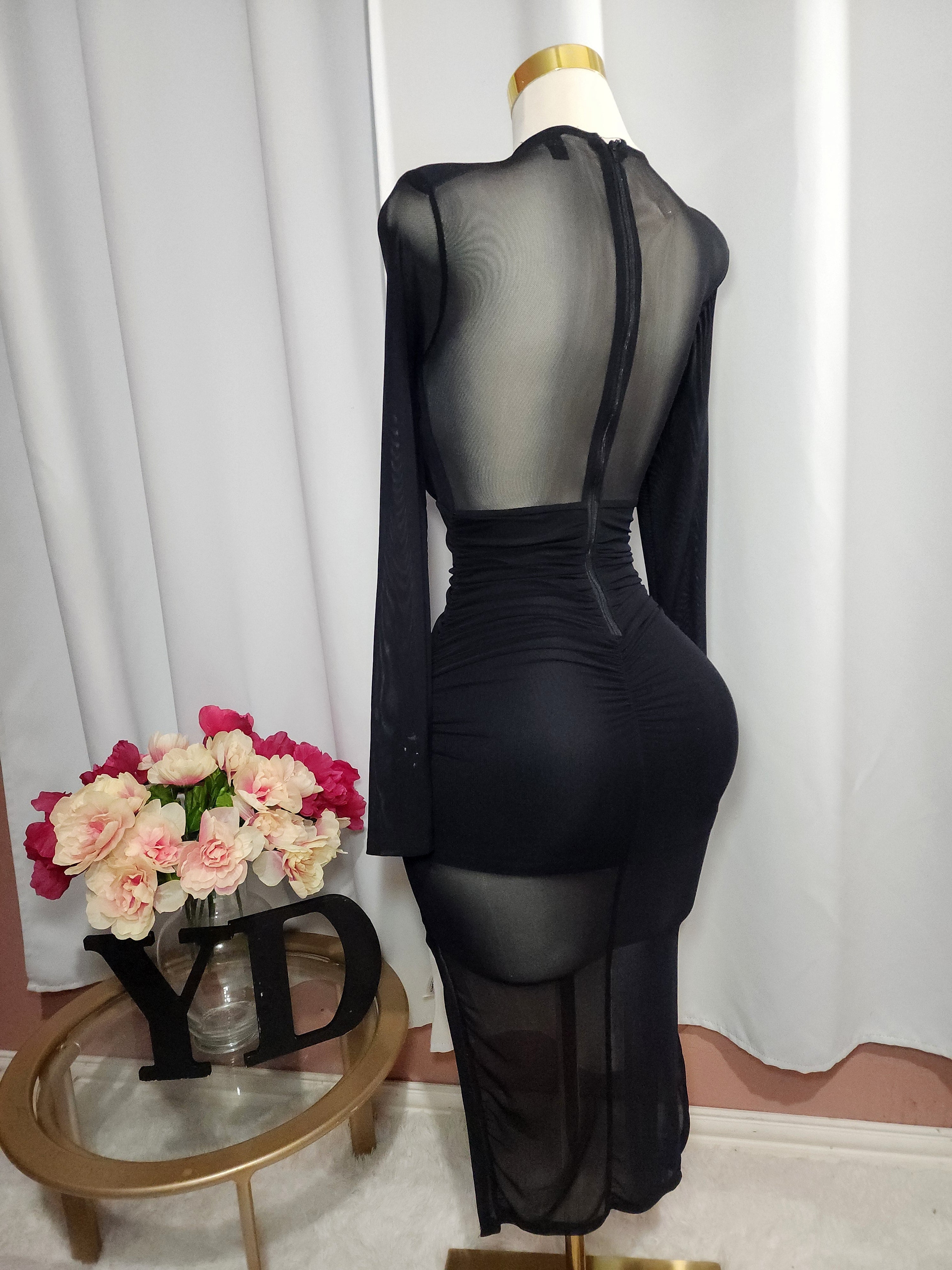 Black V-Neck Ruched Mesh Long Sleeve Dress