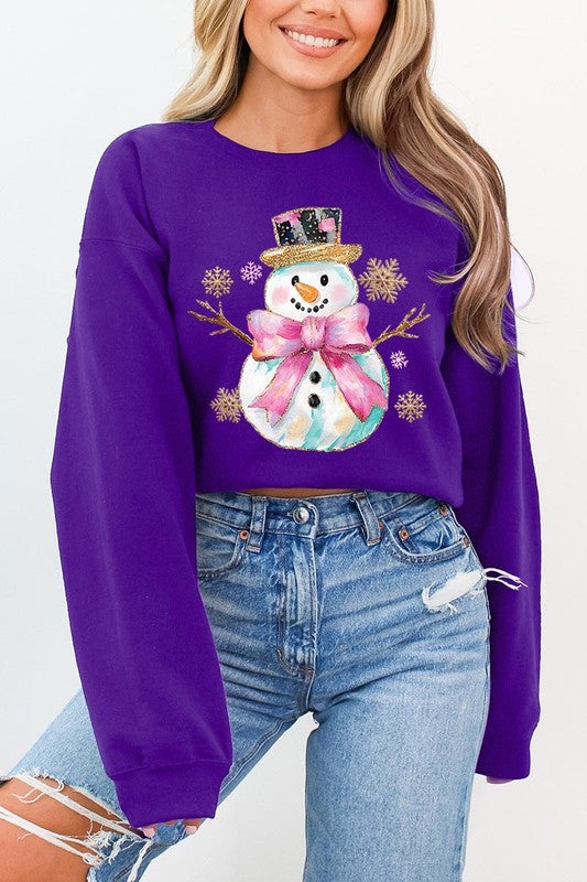 Faux Glitter Snowman Graphic Fleece Sweatshirts