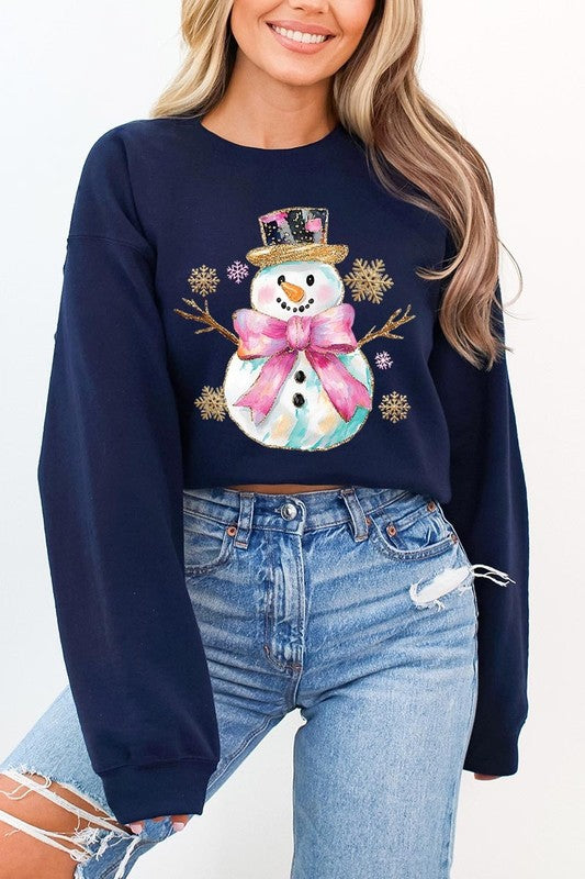 Faux Glitter Snowman Graphic Fleece Sweatshirts