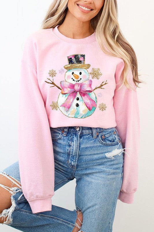 Faux Glitter Snowman Graphic Fleece Sweatshirts