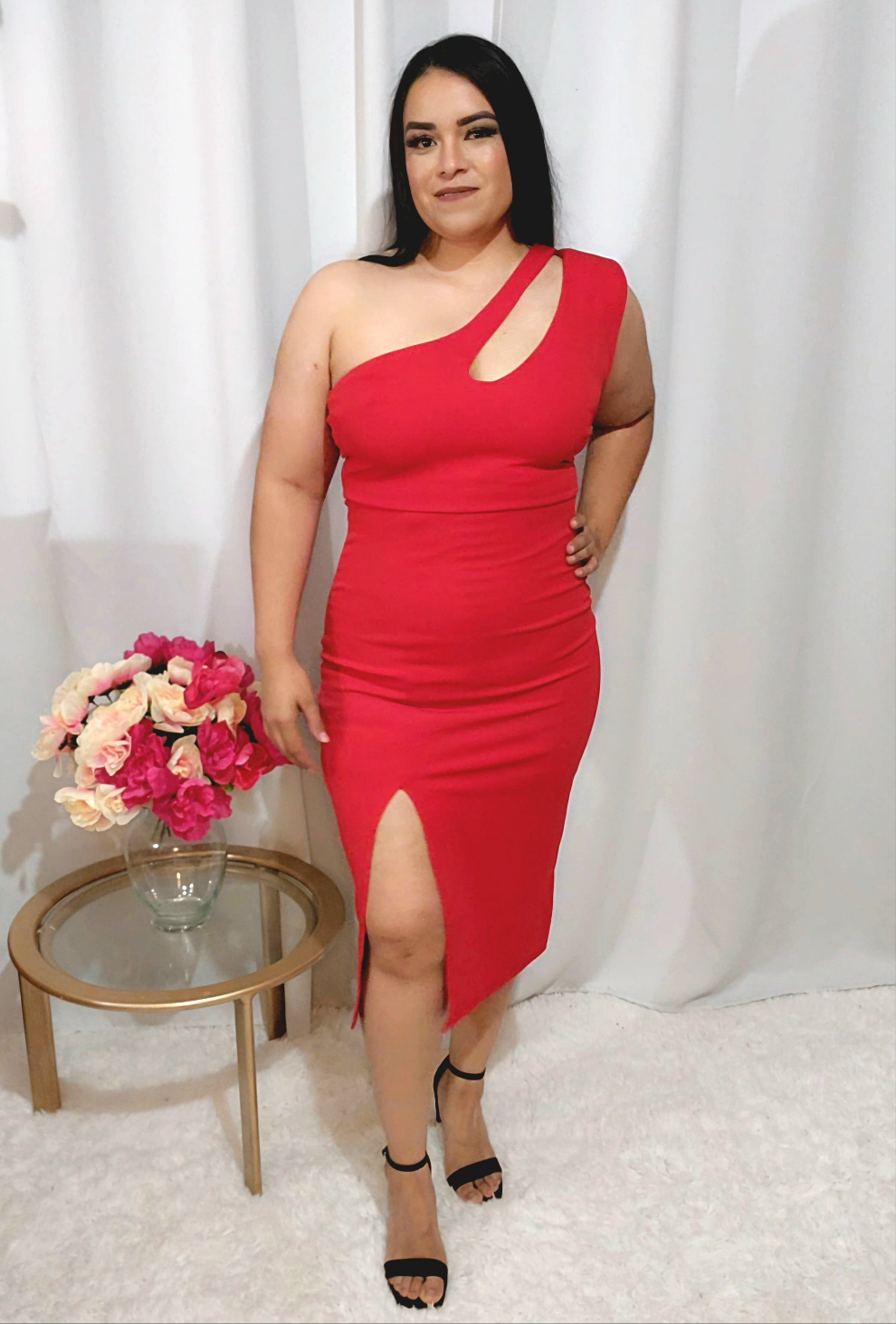 One Shoulder Slide Slit Dress -Red