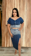 Ombre Denim off the shoulder top and skirt set