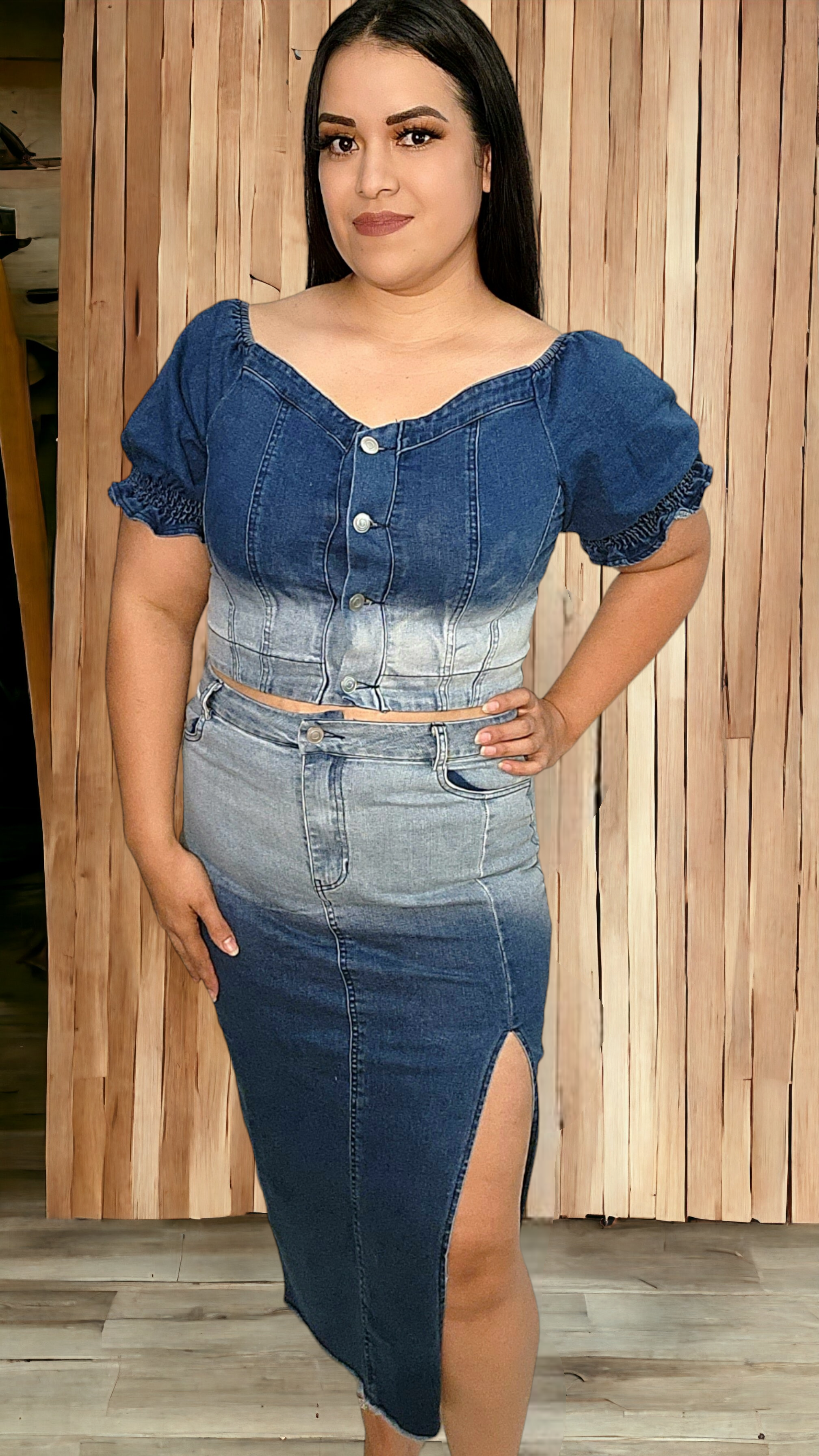 Ombre Denim off the shoulder top and skirt set