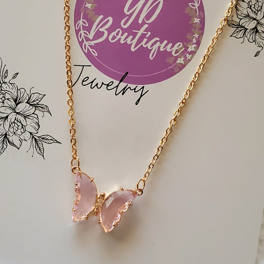 Glass Chain Necklace - Clear & Pink with Gold Foil